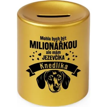 Žertovný předmět Mohla bych být milionářkou, ale mám jezevčíka (jméno) - zlatá keramická pokladnička s potiskem - personalizovaný produkt- Tričkový.cz