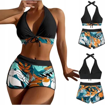 Dámské plavky PLAVKY DVOUDÍLNÉ s šortkami tropický vzor černé S (S006)