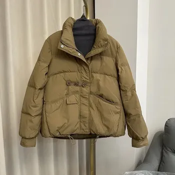 Dámská parka prošívaná bunda s knoflíky a stojáčkem na zimu Barva: Khaki, Velikost: M