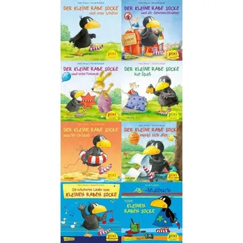 První čtění Pixi-Buch 1736-1743 (Der kleine Rabe Socke), 8 Hefte: Der kleine Rabe Socke und seine Schätze; ... und die Geheimniskrämer; ...und seine Freunde; ... hat Spaß; ... macht Urlaub; ... merkt sich alles; Die schönsten Lieder vom kleinen Raben Socke; ABC-Malb