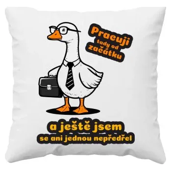 Žertovný předmět Pracuji tady od začátku - polštář s potiskem- Tričkový.cz