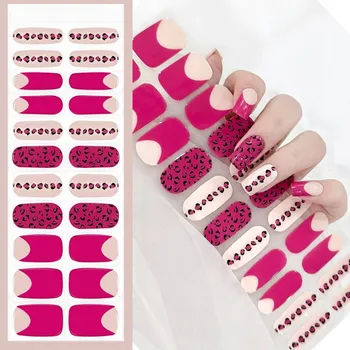 Umělé nehty Samolepky na nehty vytvrzované UV/LED lampou – Růžová francouzská manikúra s panterem