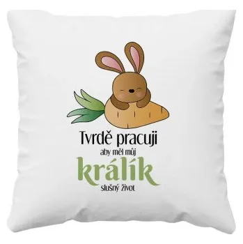 Žertovný předmět Tvrdě pracuji, aby měl můj králík slušný život - polštář s potiskem- Tričkový.cz