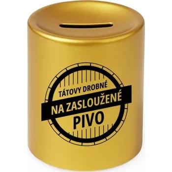 Žertovný předmět Tátovy drobné na zasloužené pivo - zlatá keramická pokladnička s potiskem- Tričkový.cz