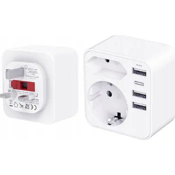 Matná bílá NABÍJEČKA Cestovní adaptér ZÁSUVKA UK 3USB + 1USB-C