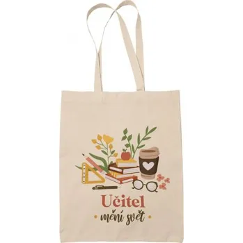 Žertovný předmět Učitel mění svět - béžová taška s potiskem- Tričkový.cz