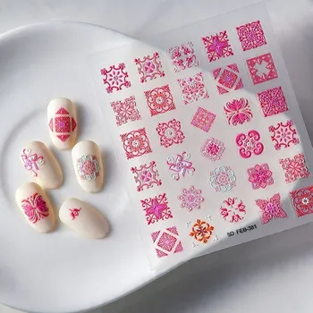 Samolepky na nehty růžové 3D samolepící s vystouplými vzory - Mandala