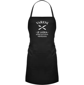 Žertovný předmět Vaření je láska, která se stává viditelnou - zástěra- Tričkový.cz