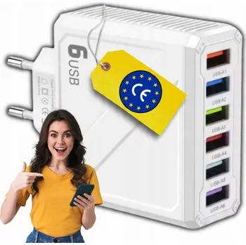 SÍŤOVÁ USB NABÍJEČKA 6 PORTŮ RYCHLÉ NABÍJENÍ KOMPAKTNÍ VÝKONNÁ SMART