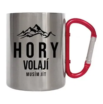 Žertovný předmět Hory volají - musím jít - kovový hrnek s karabinou- Tričkový.cz