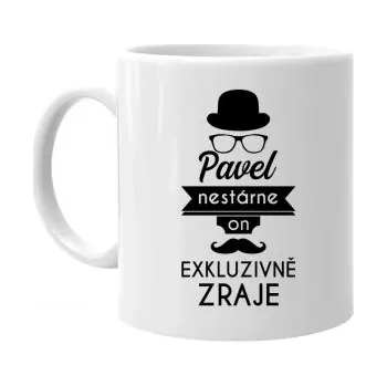 Žertovný předmět jméno. nestárne, on exkluzivně zraje - hrnek s potiskem - personalizovaný produkt- Tričkový.cz