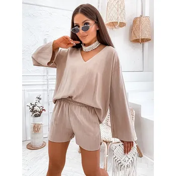 Dámská halenka Lněný dámský komplet v barvě cappuccino - oversize halenka a šortky Moon, odstíny béžové L (40) i392_24166-49