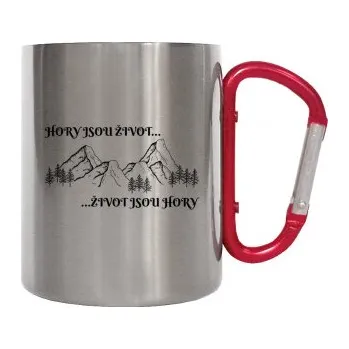 Žertovný předmět Hory jsou život... Život jsou hory - kovový hrnek s karabinou- Tričkový.cz