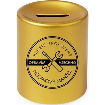 Žertovný předmět Hodinový manžel - opravím všechno - zlatá keramická pokladnička s potiskem- Tričkový.cz
