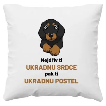 Žertovný předmět Nejdřív ti ukradnu srdce, pak ti ukradnu postel - polštář s potiskem- Tričkový.cz