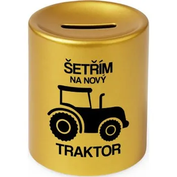 Žertovný předmět Šetřím na nový traktor - zlatá keramická pokladnička s potiskem- Tričkový.cz