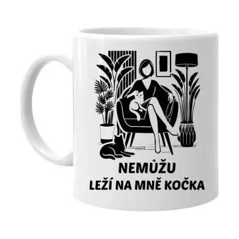 Žertovný předmět Nemůžu, leží na mně kočka - Žena - hrnek s potiskem- Tričkový.cz