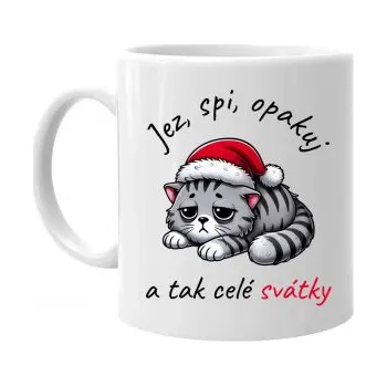 Žertovný předmět Jez, spi, opakuj a tak celé svátky - hrnek s potiskem- Tričkový.cz