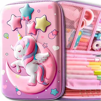 Penál Školní Penál Jednorožec Rozkládací 3D Růžový 3v1 Organizér