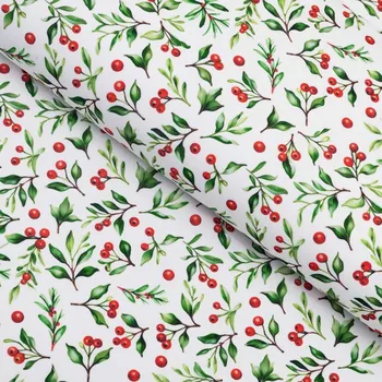 Teflonová látka na ubrusy TF-111 Jeřabiny na bílém - šířka 155 cm