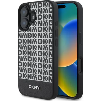 Náhradní kryt pro mobilní telefon DKNY PU Leather Repeat Pattern Bottom Stripe MagSafe zadní kryt pro iPhone 16 Black