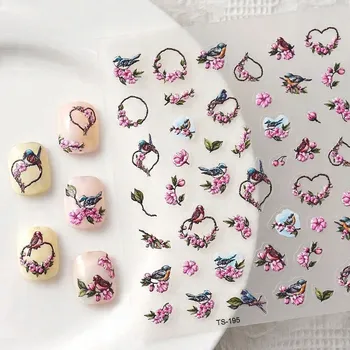 Samolepky Samolepicí Vypouklé 3D na Nehty Vzory - Ptáci, Rámeček Květiny