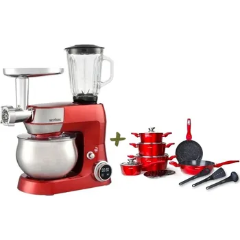 Kuchyňský robot BestBerg MEGAKOMBO Multifunkční kuchyňský robot BestBerg BBR-1900R + 15dílná sada nádobí s mramorovým povrchem BestBerg BBN-1015R / červená