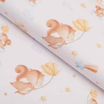 Dětská bavlněná látka/plátno Sandra SA-643 Veverky s květinami na bílém - šířka 160 cm