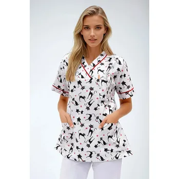 Zdravotnický oděv 2P SERVIS Halena dámská Julia-B kočky potisk kočky/červená barva 4XL