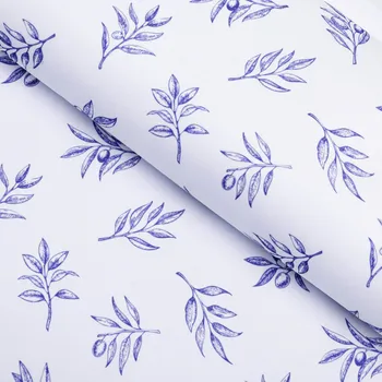 Teflonová látka na ubrusy TF-114 Modré olivové větvičky na bílém - šířka 155 cm