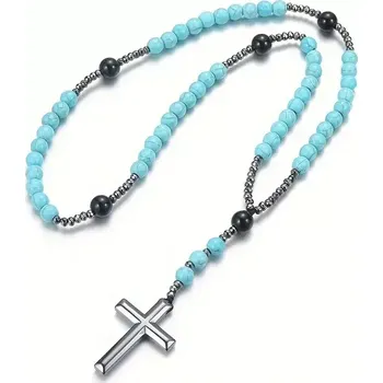 Náhrdelník Pánský náhrdelník z tyrkenitu, hematitu a onyxu s křížkem – stylová kombinace síly a víry (možno i jako dámský)