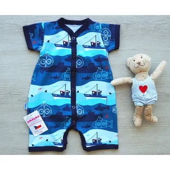 Kojenecký overall AMÁLKA Letní krátký overal jersey modrý s lodičkami Velikost: 62