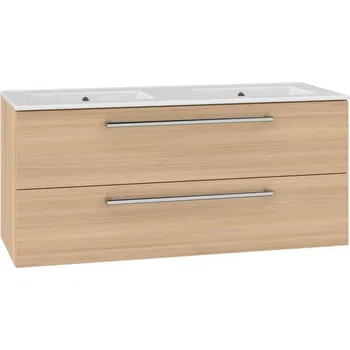 Koupelnový nábytek EBS Pure Skříňka s keramickým dvojumyvadlem slim 121 cm, dub sand barbera