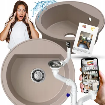 Granitový dřez KUCHYŇSKÝ DŘEZ JEDNODUCHÝ KULATÝ BÉŽOVÝ KUCHYŇSKÝ DŘEZ + SIFON 6 v 1