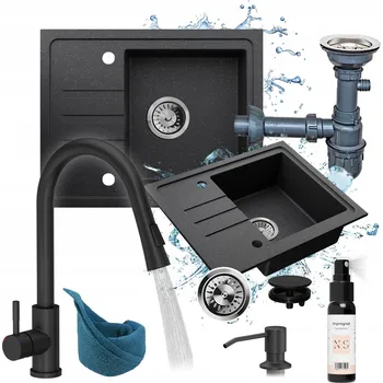 Granitový dřez Granitový dřez černý set: dřez sifon baterie dávkovač odkapávač