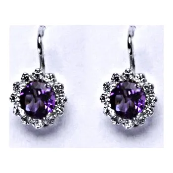 Náušnice Zlaté náušnice,čiré zirkony a přírodní ametyst tmavý, bílé i žluté zlato - NK 1495 (ametyst 5,5 mm)