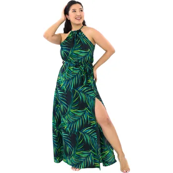 Dámské šaty Himalife Dlouhé šaty s páskem Listy - zelené S/M