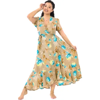 Dámské šaty Himalife Zavinovací šaty s volány Shani - béžová s tyrkysovou Velikost: L