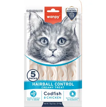Krmivo pro kočku WANPY PAMLSEK V KRÉMU PRO KOČKY HAIRBALL CONTROL PŘÍČESEK KUŘE 5x14g
