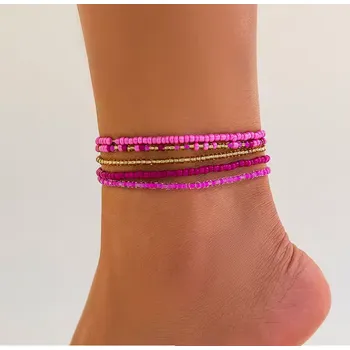 Řetízek B-TOP Dámská sada růžových korálkových řetízků na nohu – 5 ks