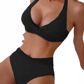 Dámské plavky Plavky dvoudílné s twist efektem, vysoký pas, černé, velikost S S007