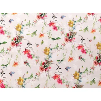 Dekorační látka Loneta květy METRÁŽ - (17) režná světlá