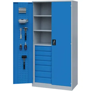 DS - 393 - skříň úložná, 14 zásuvek, 2 police, uzamykatelná, ocel, šedomodrá