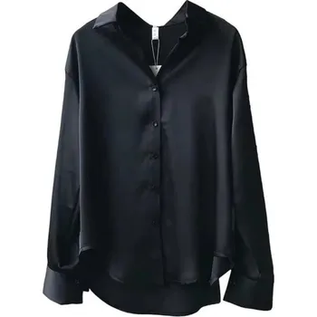 Dámská halenka Elegantní dámská halenka z jemného saténu s dlouhým rukávem Volná košile s límečkem Stylový top na knoflíky do práce i na večer černá L