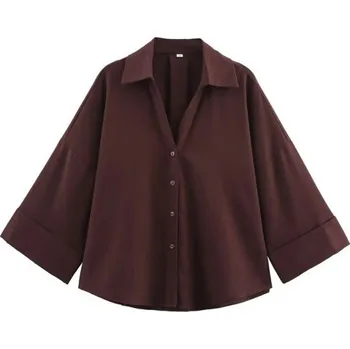 Dámské oblečení Dámská lehká lněná košile s límečkem Široké rukávy Asymetrický lem Zapínání na knoflíky Vzdušná halenka z přírodního materiálu hnědá L