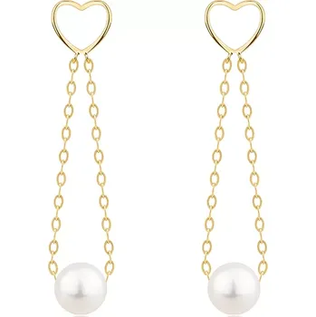Náušnice Zlaté náušnice 14K srdce se sladkovodní perlou na řetízku
