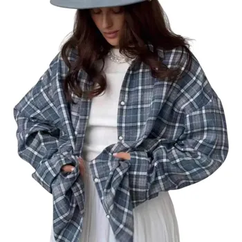 Dámská košile Vintage dámská kostkovaná košile s dlouhým rukávem Volný nadměrný střih Oversize flanelová halenka do pasu Podzimní ležérní styl modrá L