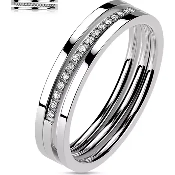 Prsten Prsten z nerezové oceli - trojitá linie, čirý zirkon, stříbrná barva - Velikost: 49