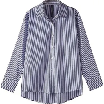 Dámská halenka Klasická modrobílá pruhovaná dámská košile s dlouhým rukávem a límečkem Dlouhá volná halenka na knoflíky Elegantní a pohodlný střih S