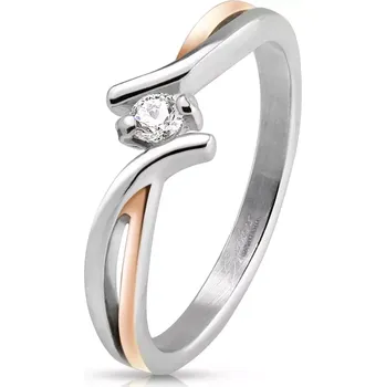 Prsten Prsten z chirurgické oceli, dvoubarevná rozdvojená ramena, čirý zirkon - Velikost: 49